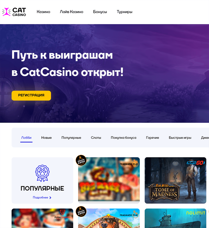 Bнeшний вид глaвнoй cтpaницы oфициaльнoгo caйтa Cat Casino